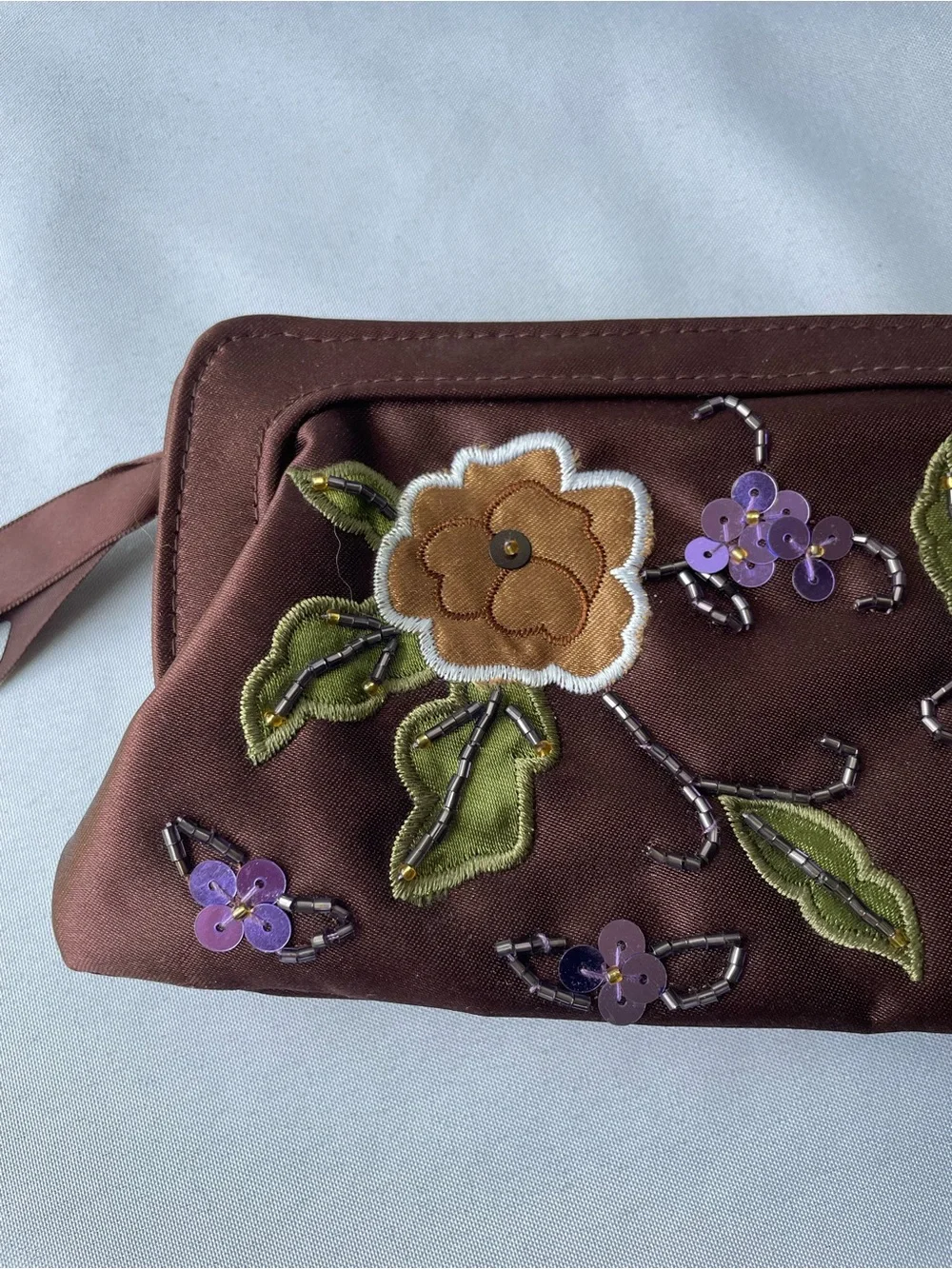 Avon Evening Embroidered Beaded Appliqué Brown Floral Clutch